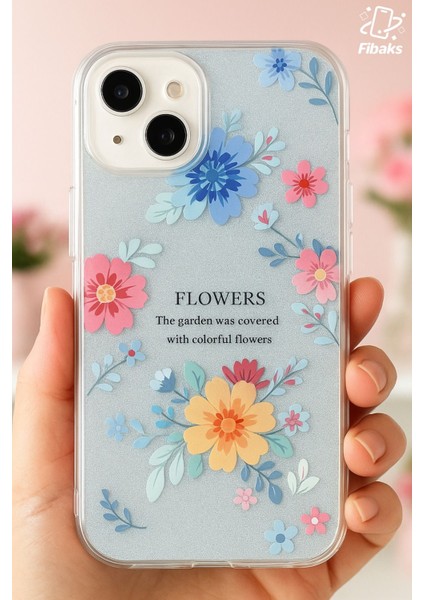 Apple iPhone 14 Plus Uyumlu Kılıf Mavi Simli Çiçek Desenli Renkli Parlak Darbe Emici Kapak