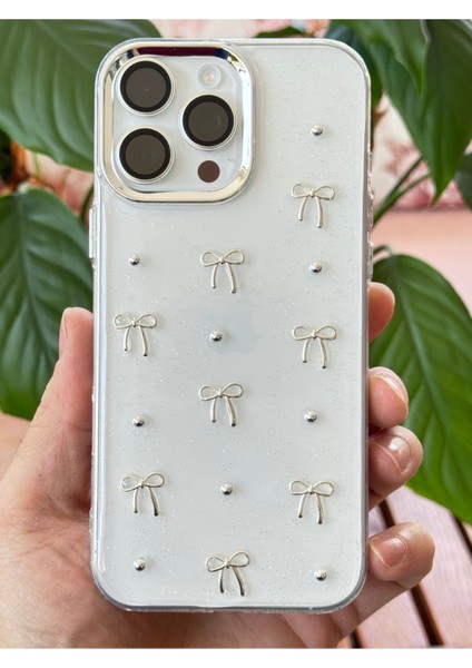 Apple iPhone 14 Pro Max Kılıf Fiyonk Desenli Şeffaf Simli Gümüş Kamera Çıkıntılı Parlak Kapak
