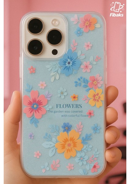 Apple iPhone 15 Pro Max Uyumlu Kılıf Mavi Simli Çiçek Desenli Renkli Parlak Darbe Emici Kapak