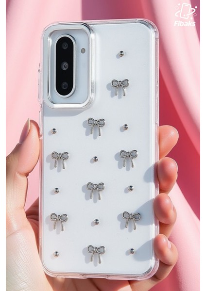 Samsung Galaxy A36 Uyumlu Kılıf Fiyonk Desenli Şeffaf Simli Gümüş Kamera Çıkıntılı Parlak Kapak