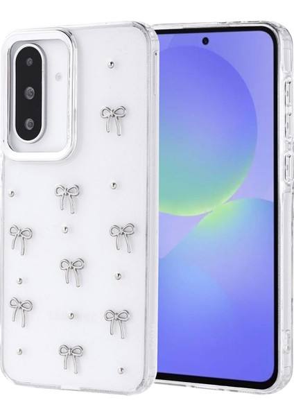 Samsung Galaxy A36 Uyumlu Kılıf Fiyonk Desenli Şeffaf Simli Gümüş Kamera Çıkıntılı Parlak Kapak