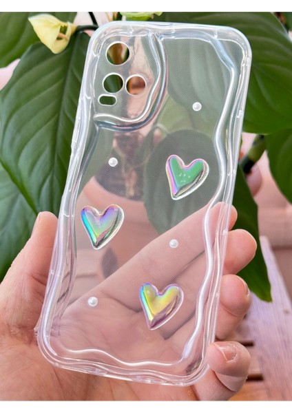 Vivo Y21/Y21S Kılıf 3D Kalpli Inci Tasarımlı Desenli Kamera Korumalı Şeffaf Silikon Kapak