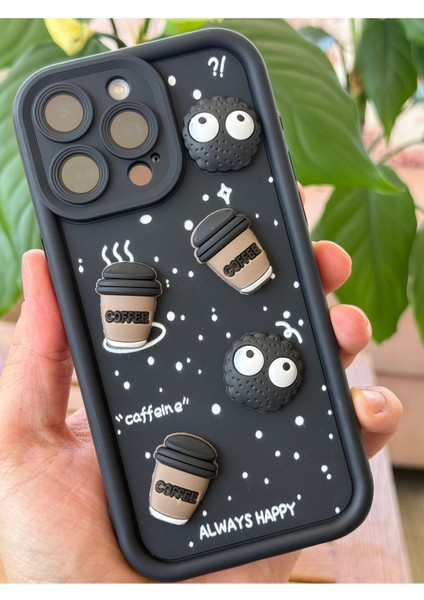 Apple iPhone 14 Pro Kılıf Tasarımlı Desenli Kamera Korumalı Coffee Kurabiye Siyah Yumuşak Silikon Kapak