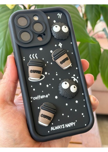 Apple iPhone 14 Pro Kılıf Tasarımlı Desenli Kamera Korumalı Coffee Kurabiye Siyah Yumuşak Silikon Kapak
