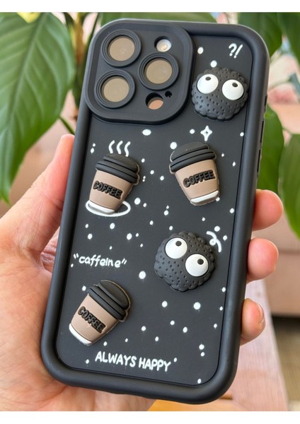 Apple iPhone 14 Pro Kılıf Tasarımlı Desenli Kamera Korumalı Coffee Kurabiye Siyah Yumuşak Silikon Kapak