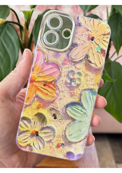 Apple iPhone 16 Plus Kılıf Renk Değiştiren Taşlı Kamera Lens Korumalı Pembe Çiçek Desenli Darbe Emici