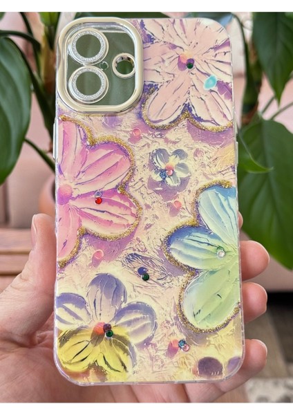 Apple iPhone 16 Plus Kılıf Renk Değiştiren Taşlı Kamera Lens Korumalı Pembe Çiçek Desenli Darbe Emici