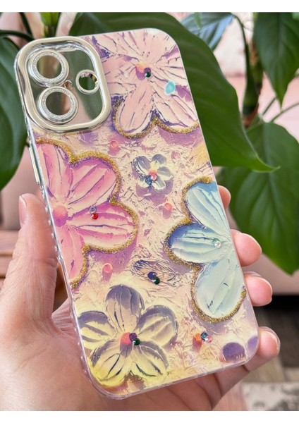Apple iPhone 16 Plus Kılıf Renk Değiştiren Taşlı Kamera Lens Korumalı Pembe Çiçek Desenli Darbe Emici
