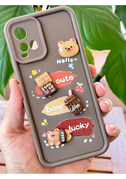 Vivo Y21/Y21S Kılıf Tasarımlı Desenli Kamera Korumalı Ayıcık Kahve Renkli Yumuşak Silikon Kap modelleri
