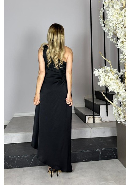 G1358 Tek Omuz Taş Detaylı Saten Abiye Elbise Siyah modelleri