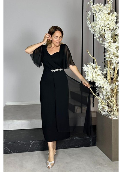 G1426 Şifon ve Taş Detaylı Abiye Elbise Siyah indirimleri