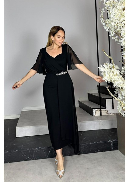 G1426 Şifon ve Taş Detaylı Abiye Elbise Siyah