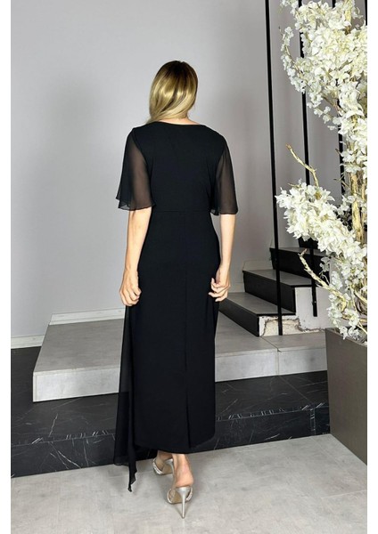 G1426 Şifon ve Taş Detaylı Abiye Elbise Siyah