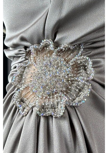 G1358 Tek Omuz Taş Detaylı Saten Abiye Elbise Vizon modelleri