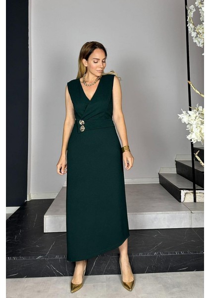 G1425 Kruvaze Yaka Düğme Detaylı Elbise Zümrüt