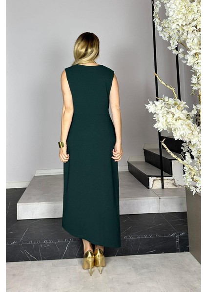 G1425 Kruvaze Yaka Düğme Detaylı Elbise Zümrüt fiyatları