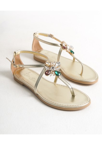 Dora Altın Metalik Taşlı Parmak Arası Kadın Sandalet