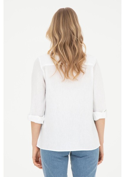Kadın Uzun Kollu Keten Karışımlı Regular Fit Basic Gömlek 1840395