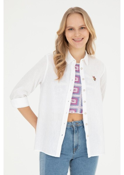 Kadın Uzun Kollu Keten Karışımlı Regular Fit Basic Gömlek 1840395