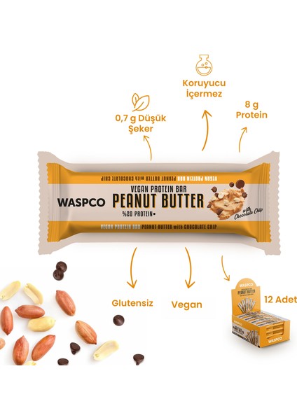 Fıstık Ezmeli Çikolata Parçalı Vegan Protein Bar 40G x 12 Adet