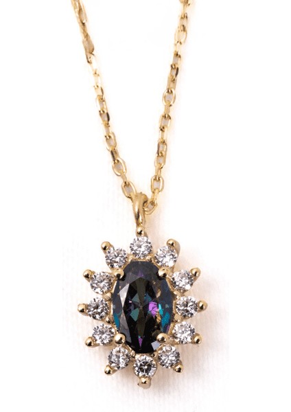 0,95 Ct Aleksandrıt 0,25 Ct Pırlanta (Signity) Taşlı Anturajlı Vintage 925 Ayar Gümüş Tasarım Kolye