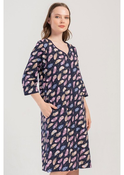 Kadın Büyük Beden Kapri Kol Fermuarlı Lacivert Ev Elbisesi C7T2N1O904