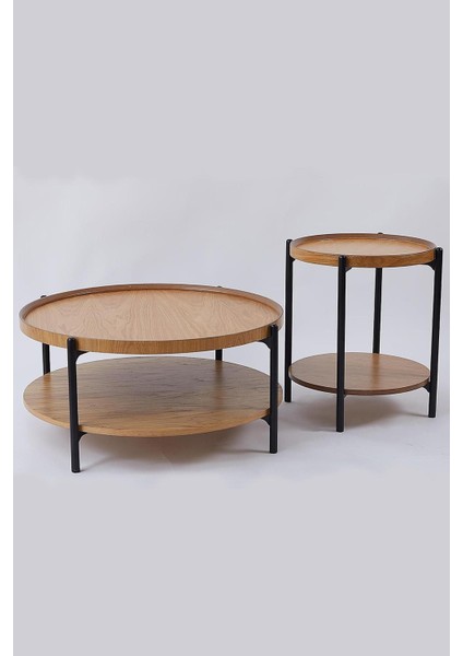 Ikili Sehpa Seti – Orta Sehpa 80X42 cm & Yan Sehpa 48X59 Cm, Mdf Tabla, Siyah Metal Gövde