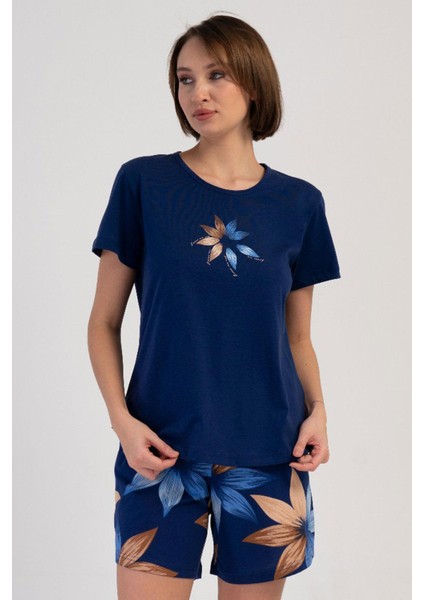 Kadın Büyük Beden Kısa Kol Lacivert Şortlu Pijama Takım C4T9N4O804