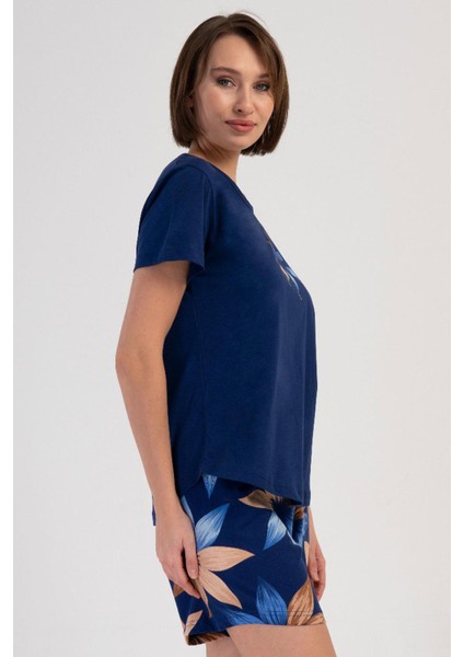 Kadın Büyük Beden Kısa Kol Lacivert Şortlu Pijama Takım C4T9N4O804