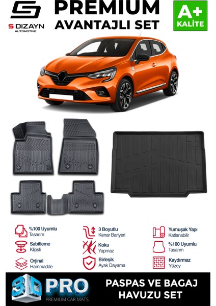 Renault Clio 5 3D Pro Havuzlu Paspas ve Bagaj Havuzu Seti (2'li Set) 2019 Üzeri A+ Kalite