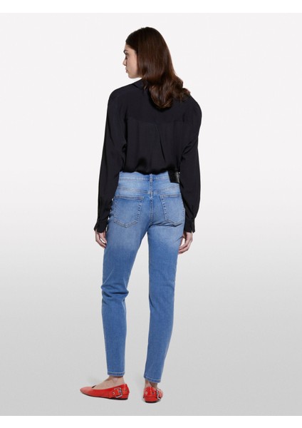 Sisley Streç Pamuklu Taş Yıkama Yüksel Bel Slim Fit Pantolon Kadın Buz Mavisi Denim Pantolon - 325P47KZLE044