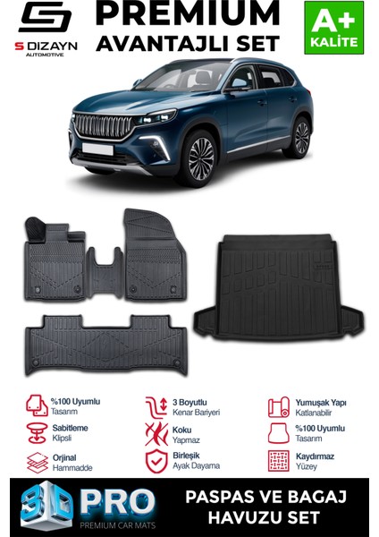 Togg T10X 3D Pro Havuzlu Paspas ve Bagaj Havuzu Seti (2'li Set) 2023 Üzeri A+ Kalite