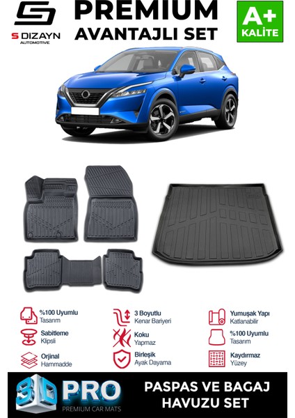 Nissan Qashqai E-Power 3D Pro Havuzlu Paspas ve Bagaj Havuzu Seti (2'li Set) 2021-2024 A+ Kalite