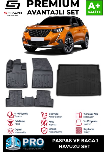 Peugeot 2008 3D Pro Havuzlu Paspas ve Üst Bagaj Havuzu Seti (2'li SET) 2019-2023 A+ Kalite