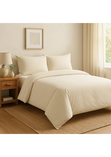 Çift Kişilik Pamuk Nevresim Takımı 200 x 220 cm , Lastikli Çarşaflı Set, Krem