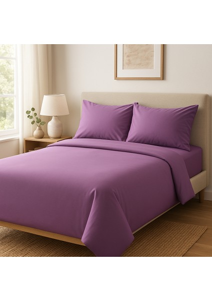 Çift Kişilik Pamuk Nevresim Takımı 200 x 220 cm , Lastikli Çarşaflı Set, Lila