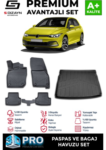 VW Golf 8 Otomatik 3D Pro Havuzlu Paspas ve Üst Bagaj Havuzu Seti (2'li SET) 2021-2024 A+ Kalite