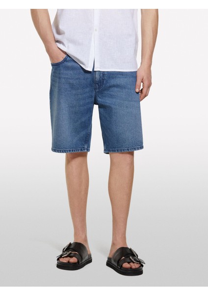 %100 Pamuk Orta Bel Regular Fit Denim Şort Erkek Mavi Denim Şort - 325P4MCPS9019