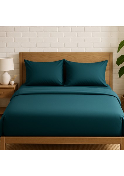 Çift Kişilik Pamuk Nevresim Takımı 200 x 220 cm , Lastikli Çarşaflı Set, Petrol Mavisi fiyatları
