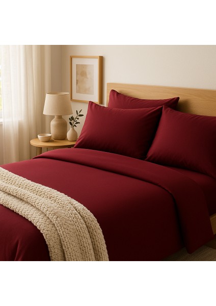 Çift Kişilik Pamuk Nevresim Takımı 200 x 220 cm , Lastikli Çarşaflı Set, Vişne Çürüğü