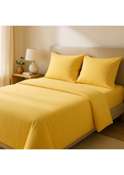 Çift Kişilik Pamuk Nevresim Takımı 200 x 220 cm , Lastikli Çarşaflı Set, Pastel Sarı