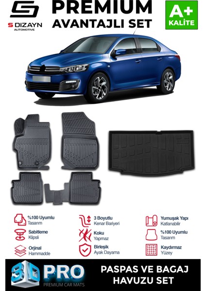 Citroen C-Elysee 3D Pro Havuzlu Paspas ve Bagaj Havuzu Seti (2'li Set) 2012-2017 A+ Kalite