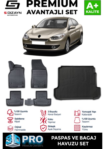 Renault Fluence 3D Pro Havuzlu Paspas ve Bagaj Havuzu Seti (2'li SET) 2010-2016 A+ Kalite