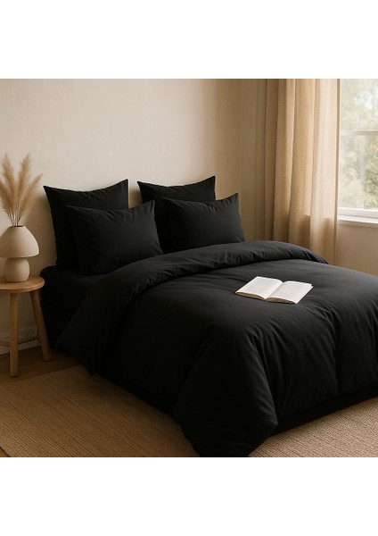 Çift Kişilik Pamuk Nevresim Takımı 200 x 220 cm , Lastikli Çarşaflı Set, Siyah