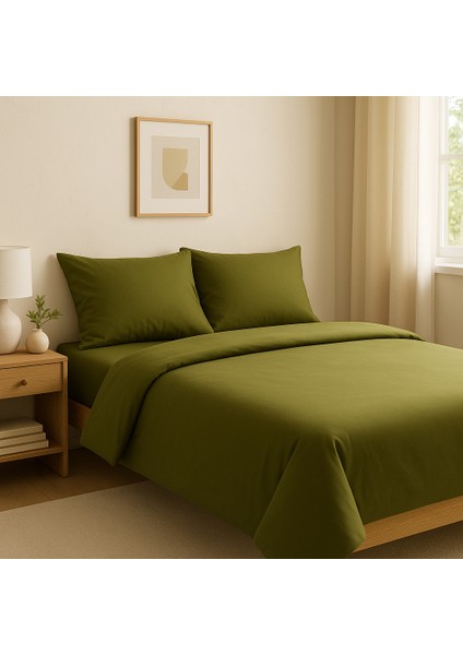 Çift Kişilik Pamuk Nevresim Takımı 200 x 220 cm , Lastikli Çarşaflı Set, Zeytin Yeşili