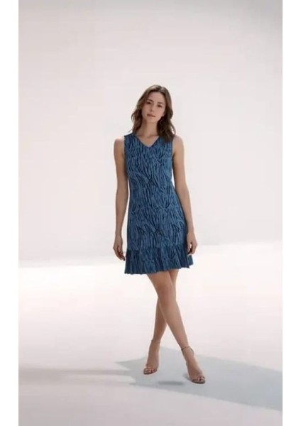 Kadın Desenli Kolsuz Askılı Volanlı Yazlık Viskon Elbise Eteği Fırfırlı