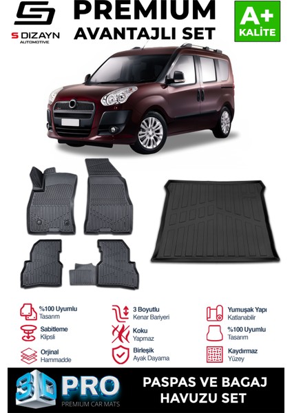 Fiat Doblo Geniş Aile 3D Pro Havuzlu Paspas ve Bagaj Havuzu Seti (2'li SET) 2010-2022 A+ Kalite