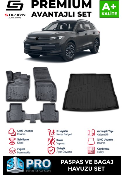 VW Tiguan 3D Pro Havuzlu Paspas ve Bagaj Havuzu Seti (2'li SET) 2024 Üzeri A+ Kalite