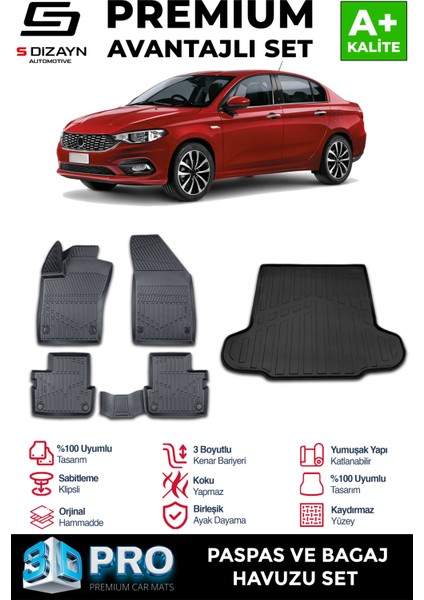 Fiat Egea Sedan 3D Pro Havuzlu Paspas ve Bagaj Havuzu Seti (2'li SET) 2015 Üzeri A+ Kalite