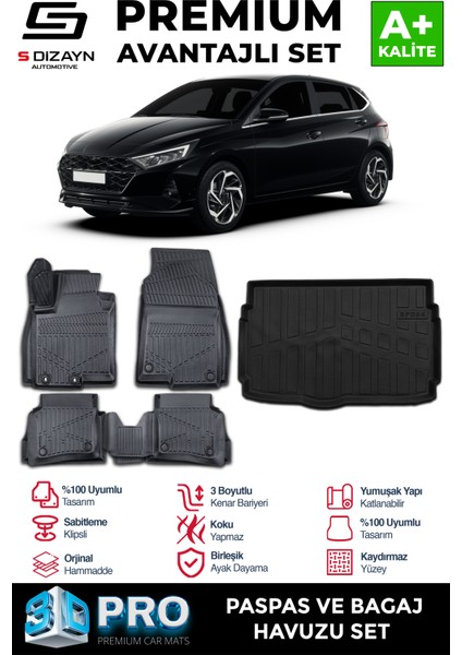 Hyundai I20 3D Pro Havuzlu Paspas ve Bagaj Havuzu Seti (2'li Set) 2020 Üzeri A+ Kalite